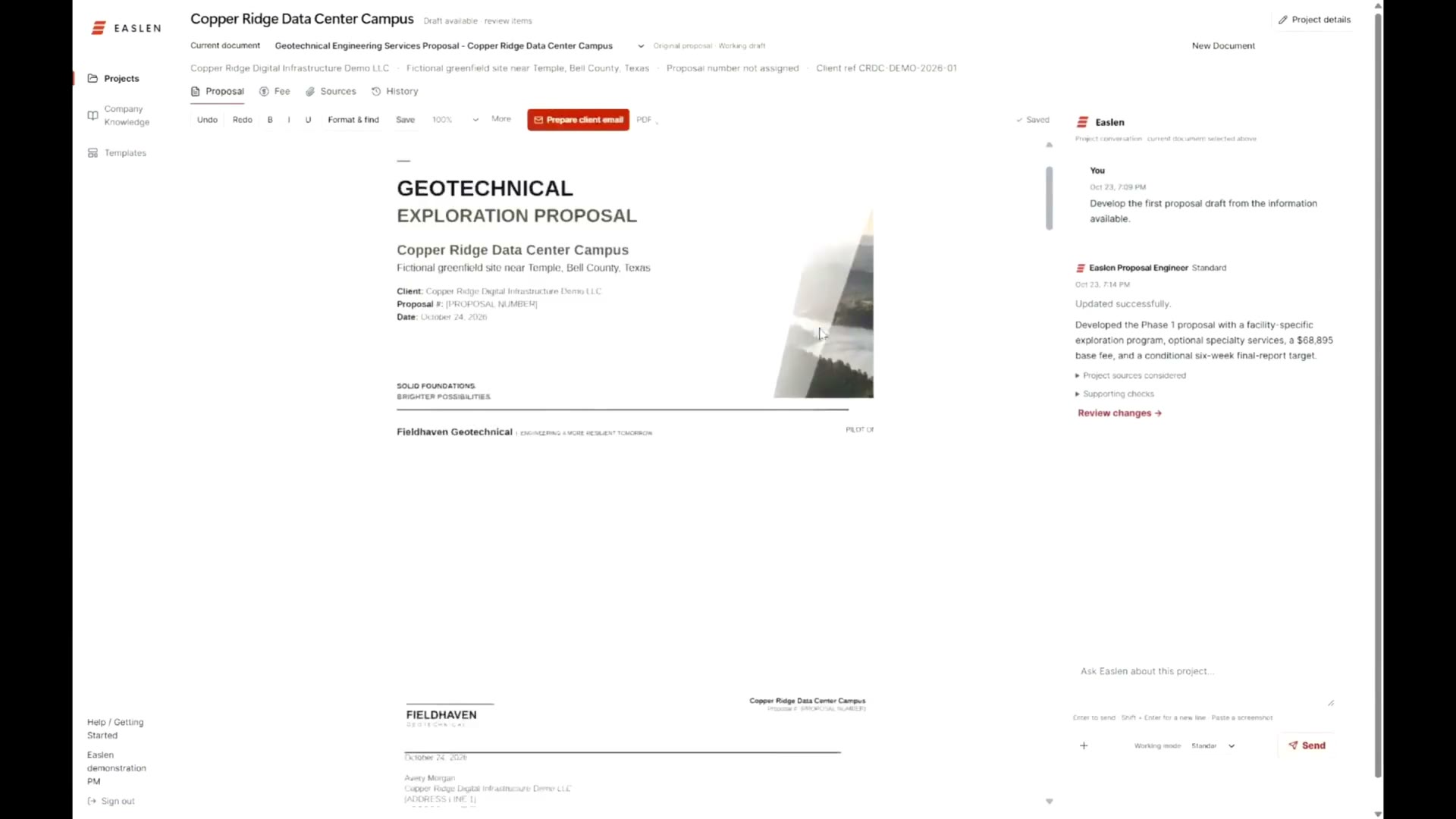Easlen workspace showing a geotechnical exploration proposal developed from a client request